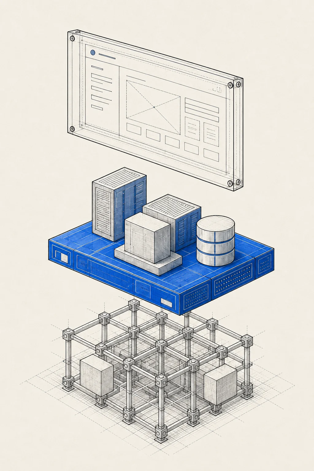 An exploded technical model: a public interface above an application platform and an infrastructure framework.