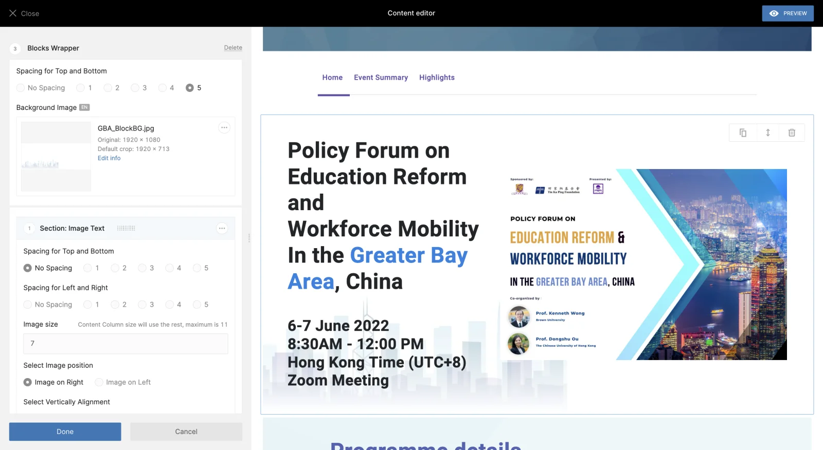 The HKIER visual content editor showing configurable page blocks and live preview
